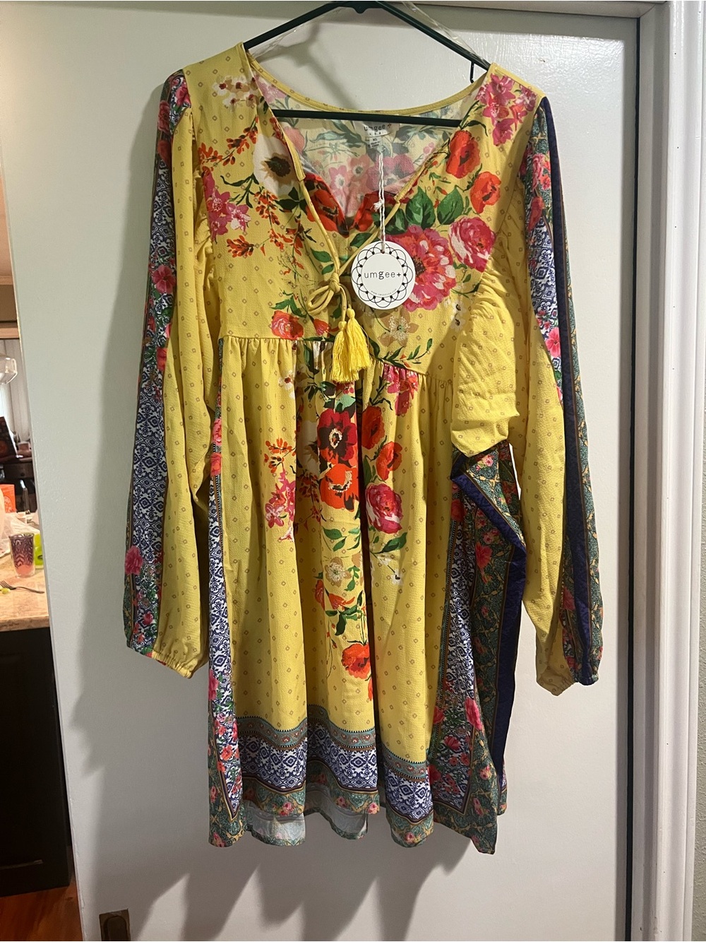 Umgee Yellow Floral Tassel Tie Peasant Top